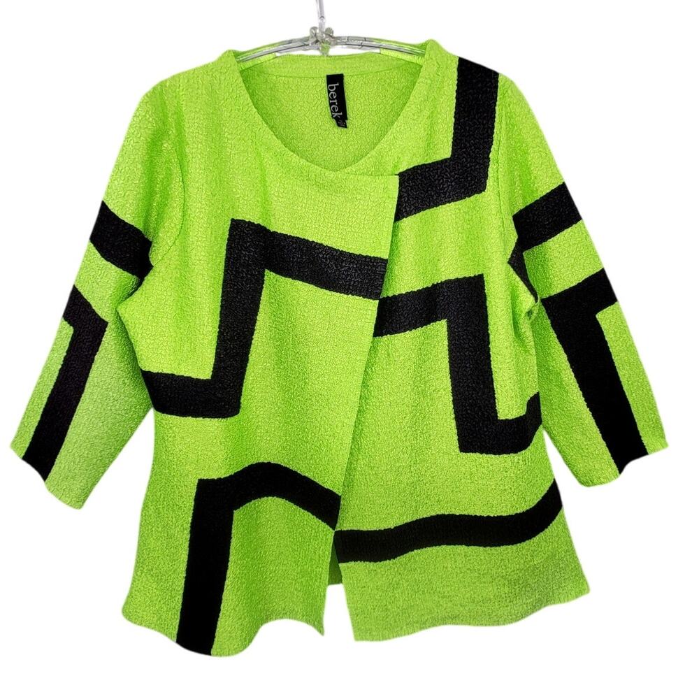 Berek Vintage 80s Green Black‎ Crinkle Snap Front Asymmetric Geometric Tunic Top